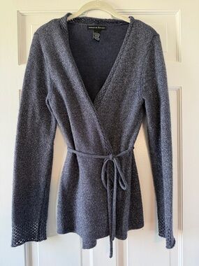 MARINA LUNA ANGORA WOOL STEEL DENIM BLUE SILVER WRAP CARDIGAN SWEATER LARGE